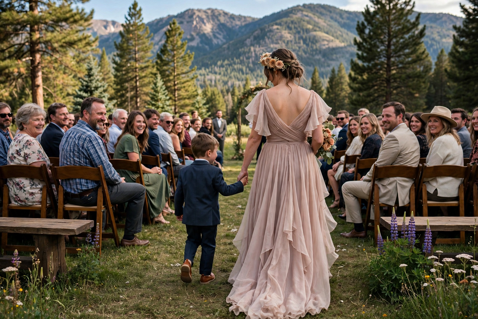 Young son walking his bride mother down the aisle at an outdoor Idaho wedding