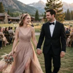 Bride in a vintage antique rose chiffon gown walking down the aisle at an intimate Idaho wedding