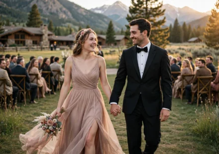 Bride in a vintage antique rose chiffon gown walking down the aisle at an intimate Idaho wedding