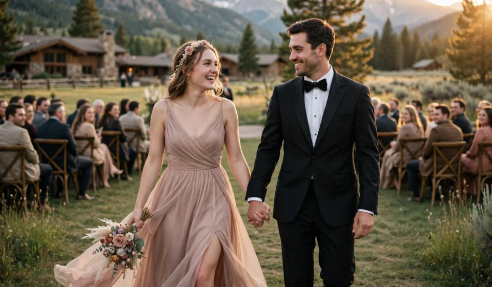 Bride in a vintage antique rose chiffon gown walking down the aisle at an intimate Idaho wedding