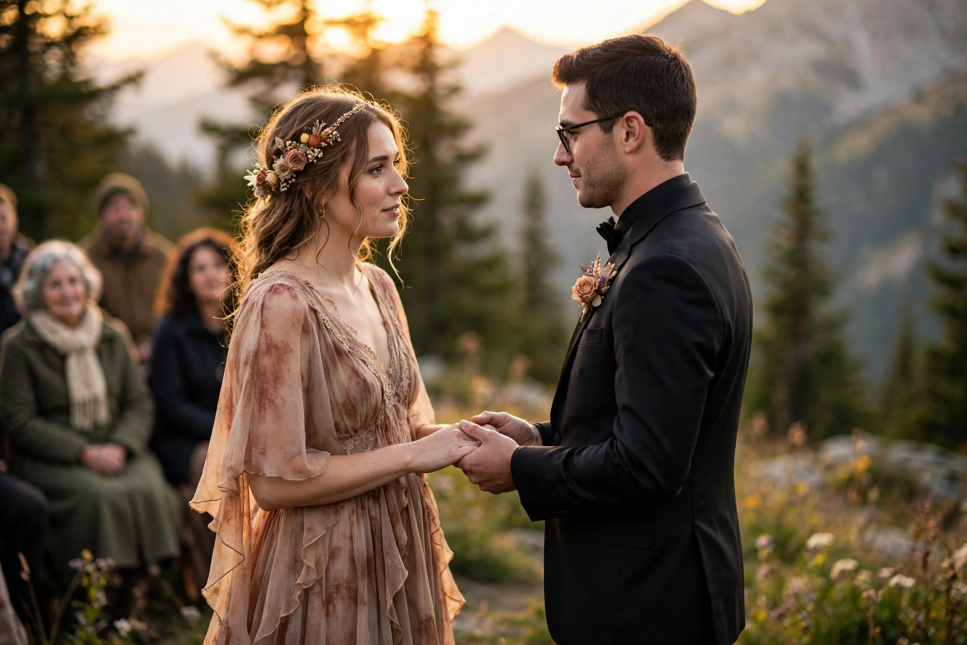 Couple exchanging vows at an intimate outdoor Idaho wedding ceremony at sunset
