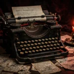 Vintage typewriter with thriller manuscript page representing the Verity movie story and box office triumph