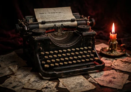 Vintage typewriter with thriller manuscript page representing the Verity movie story and box office triumph