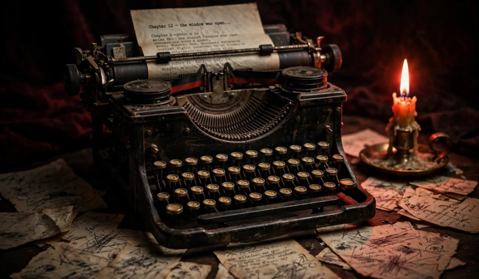 Vintage typewriter with thriller manuscript page representing the Verity movie story and box office triumph