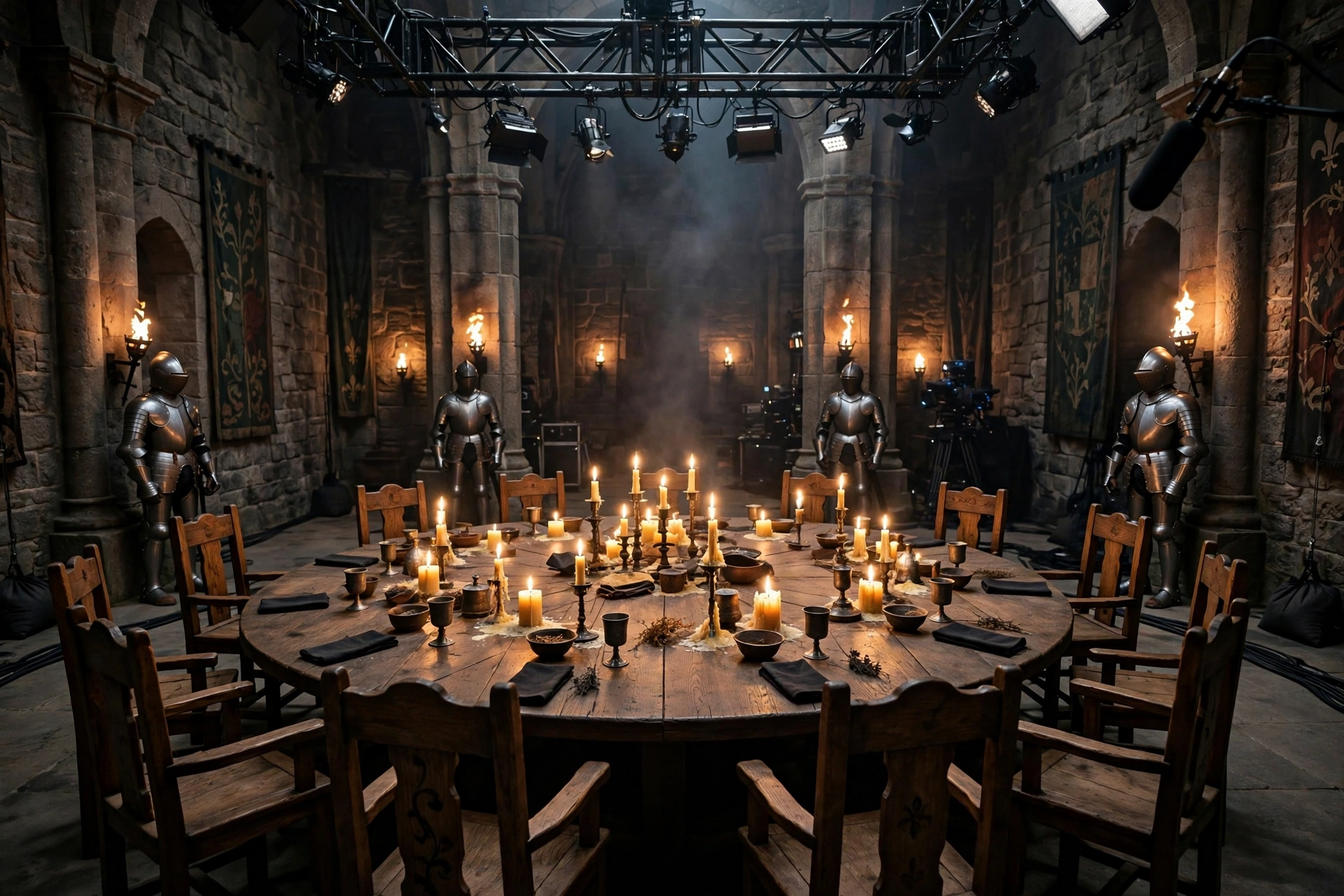 Candlelit roundtable inside a castle, The Celebrity Traitors season 2 set